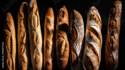 Various baguettes in a row, fresh bread, black background isolate. AI generated.