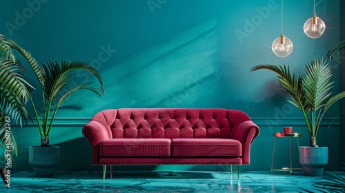 Front view of a red violet sofa on a blue green background with decorative elements around photo