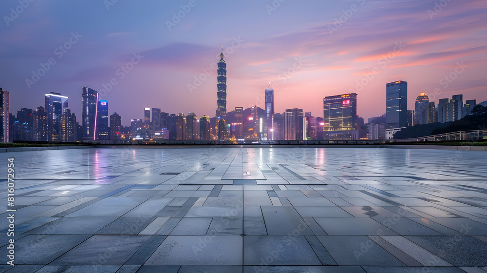 Empty square floor and bridge buildings with city skyline at dusk in Shenzhen Guangdong Province China : Generative AI Empty square floor and bridge buildings with city skyline at dusk in Shenzhen Guangdong Province China : Generative AI