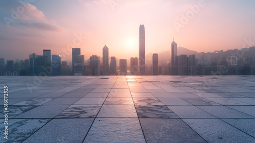 Square floor and city skyline background in Shenzhen at sunset : Generative AI