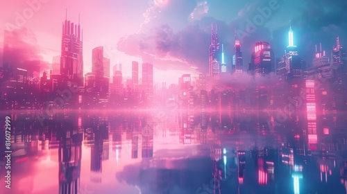 3d Futuristic cityscape with towering skyscrapers and neon lights reflecting on the surface of a virtual ocean
