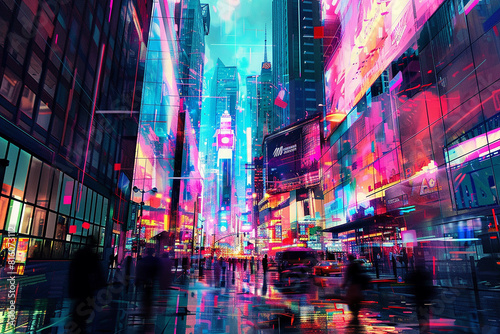 Neon-lit cityscape rendered in geometric abstraction  with towering buildings and bustling streets depicted through angular forms and vivid colors.
