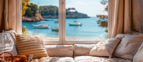 Cozy Room with Comfortable Sofa Overlooking Serene Beach and Boats - Relaxing Coastal Retreat, Idyllic Seaside View, Perfect Vacation Spot, Tranquil Marine Scene, Dreamy Beachside Escape photo