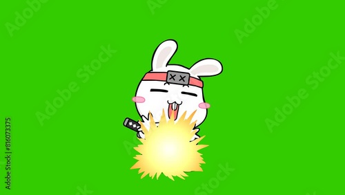 Animated ninja rabbit bidding farewell with a burst of excitement on green screen background