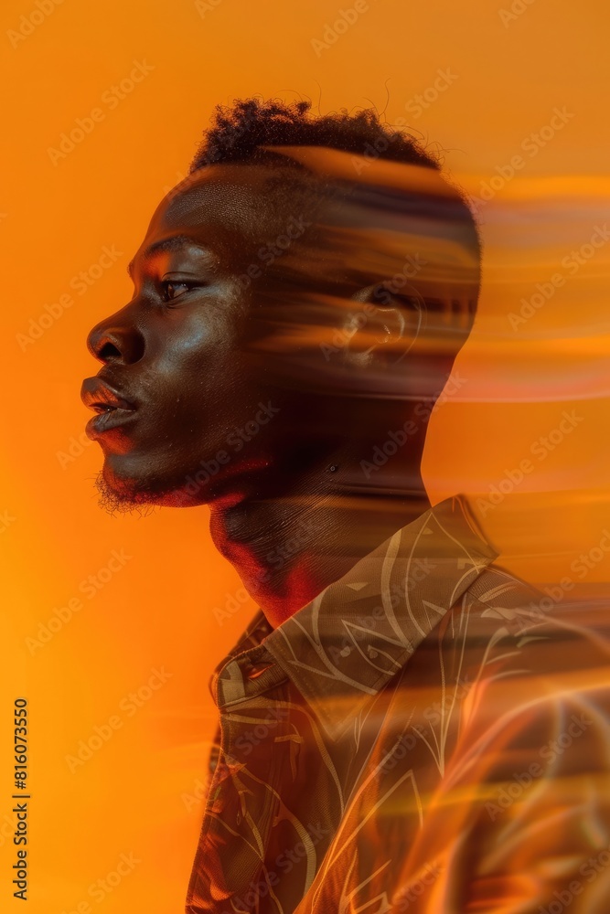 A fashion photoshoot of an African man with short hair, wearing an oversized shirt against an orange gradient background with blurred motion and high contrast lighting