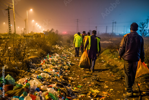 Group of sanitation workers collecting trash in the early hours of the morning, their vital contribution to maintaining clean and livable cities often overlooked but essential to our daily lives