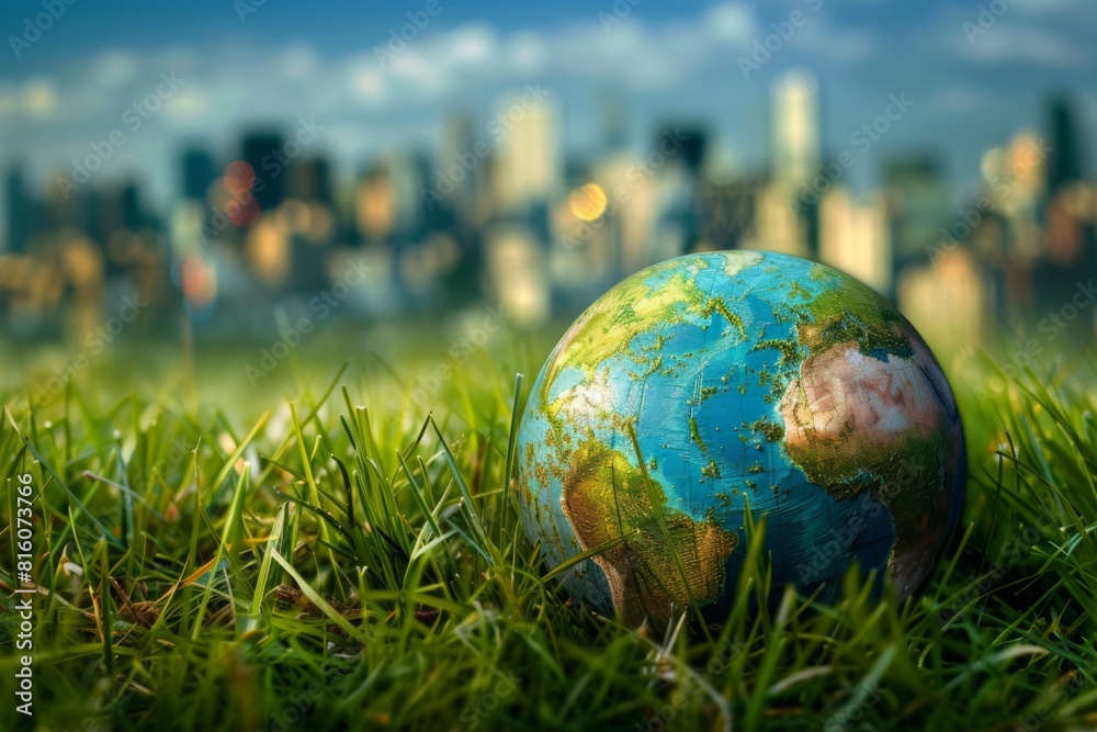 globe rests on fresh grass with city skyline blurred in background, harmony between urban development and nature. essence of urban environmental awareness and sustainability, environmental protection globe rests on fresh grass with city skyline blurred in background, harmony between urban development and nature. essence of urban environmental awareness and sustainability, environmental protection