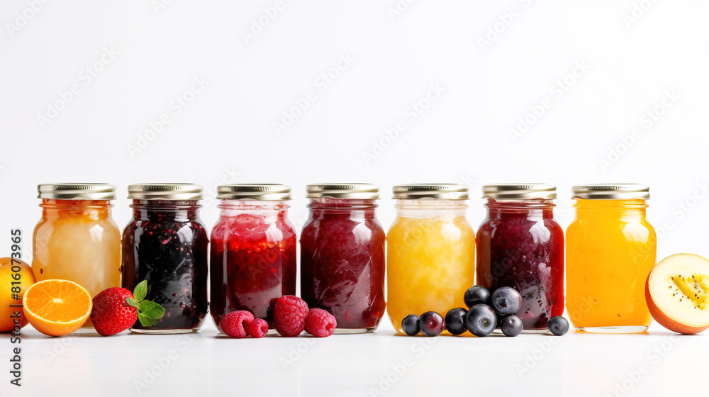 Colored jars of different jams with fresh berries and fruits stand in a row, white background. AI generated. Colored jars of different jams with fresh berries and fruits stand in a row, white background. AI generated.