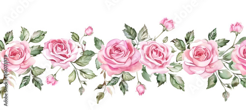 A border made of pink watercolor roses flowers and green leaves, perfect for wedding and greeting illustration or invitation.