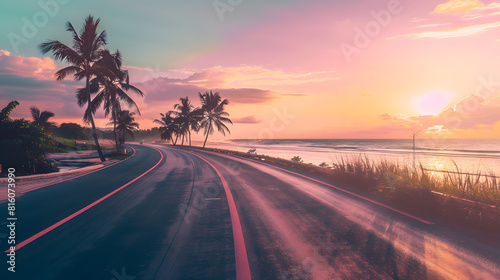 highway landscape at colorful sunset traveling on the holiday road in summer Nature scenery on ocean beach Road landscape on beach Stunning sea with summer vacation seascape with beaut : Generative AI