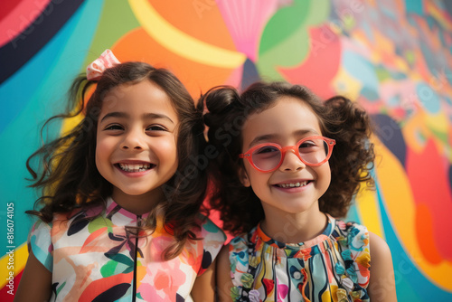 two little girls standing in colorful wear
