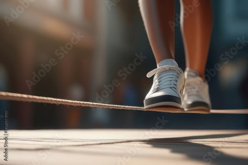 Close-up of a person walking on a tightrope, showcasing their balancing act. maintain balance, concentration, risk-taking, and the art of tightrope walking