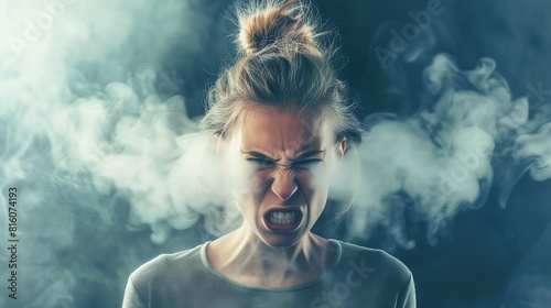 A young woman screams in anger, her face contorted in rage. Her eyes are wide and her nostrils are flared. Smoke billows from her