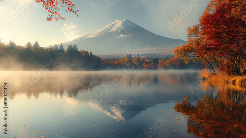 Mount Fuji Overlooking Autumn Lake  Peaceful Autumn Scene at Lake Kawaguchiko