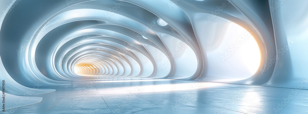 Abstract futuristic background with white and blue curved tunnel ...
