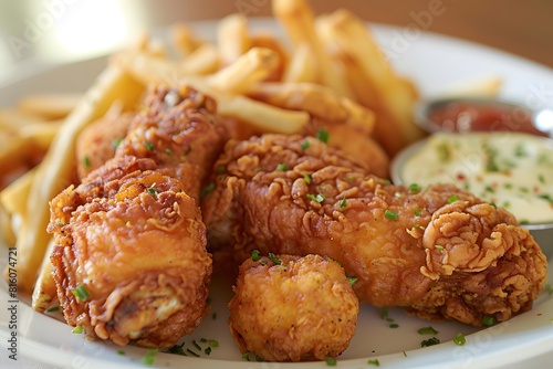 Fried chicken and french fries served with dip