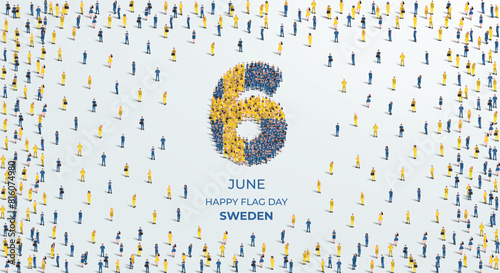 Happy flag Day Sweden. A large group of people form to create the number 6 as Sweden celebrates its Flag Day on the 6th of June. Vector illustration.