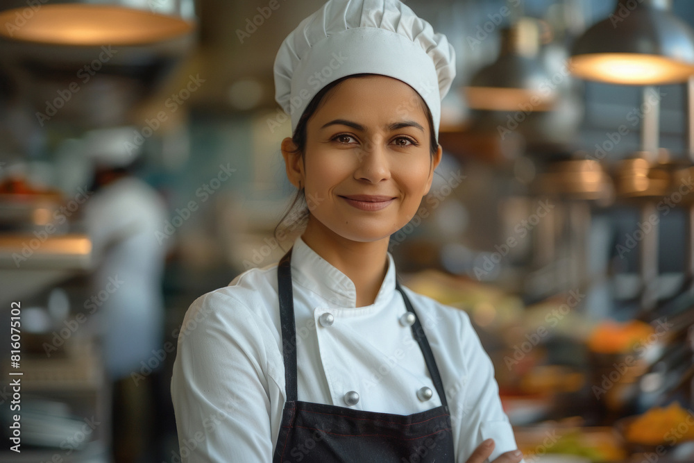 Young female chef standing confidently at kitchen Young female chef standing confidently at kitchen