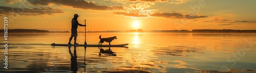 A man and his dog paddle through the still waters of a lake at sunrise