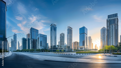 Panoramic skyline and modern commercial office buildings with empty road empty square floors and cityscape : Generative AI