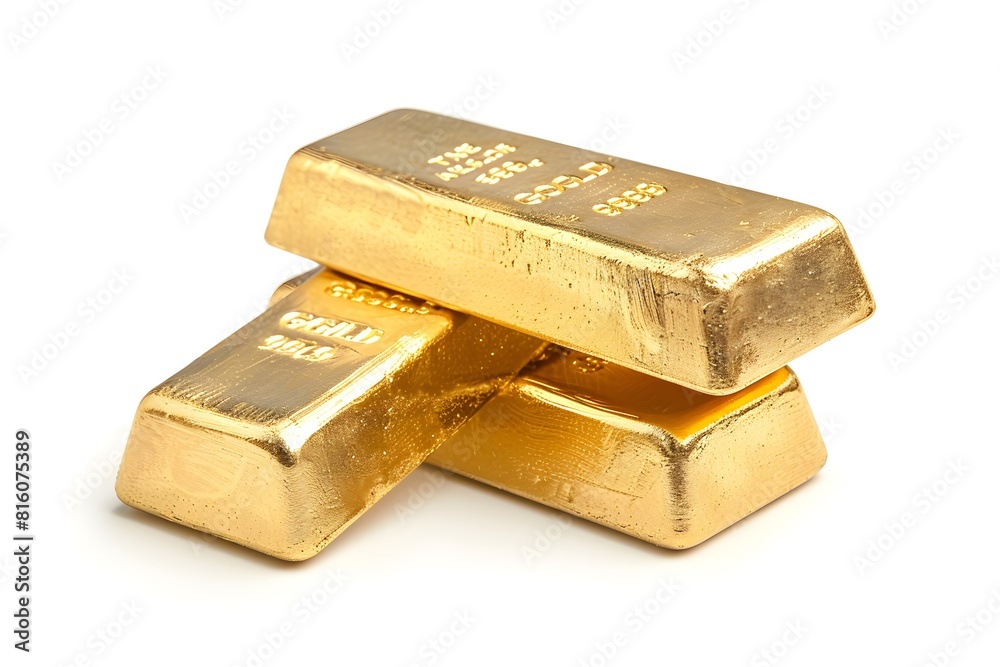 Two gold bars stacked on a white surface