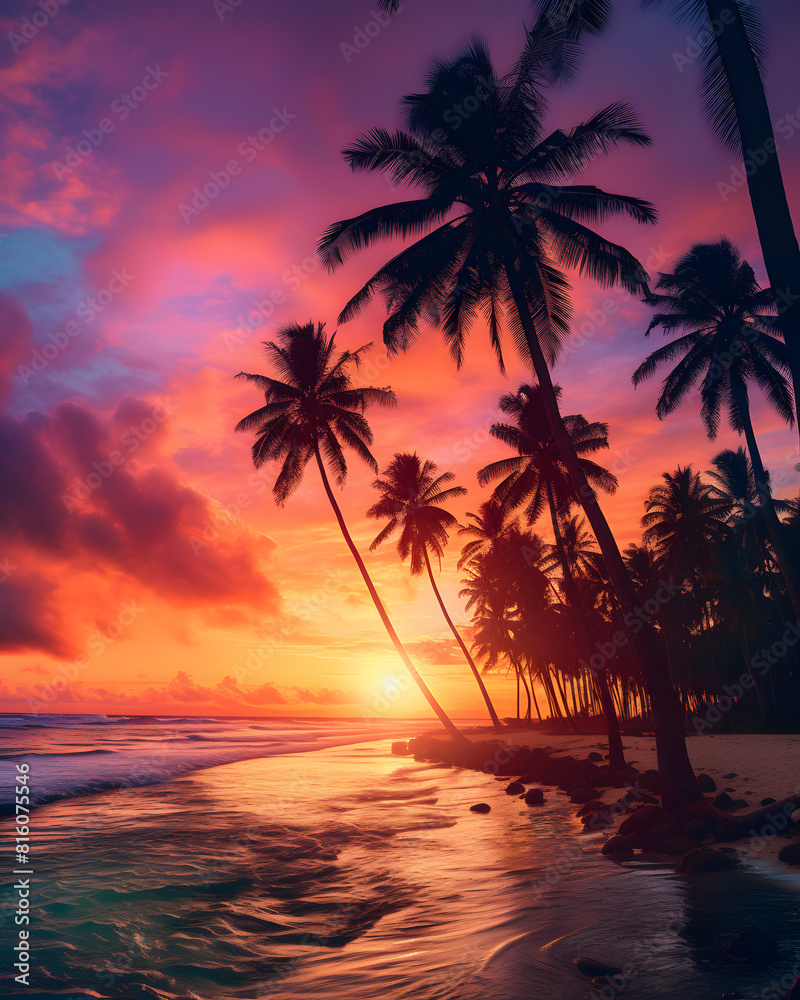 A stunning sunset over a tropical beach, with palm trees silhouetted against the colorful sky