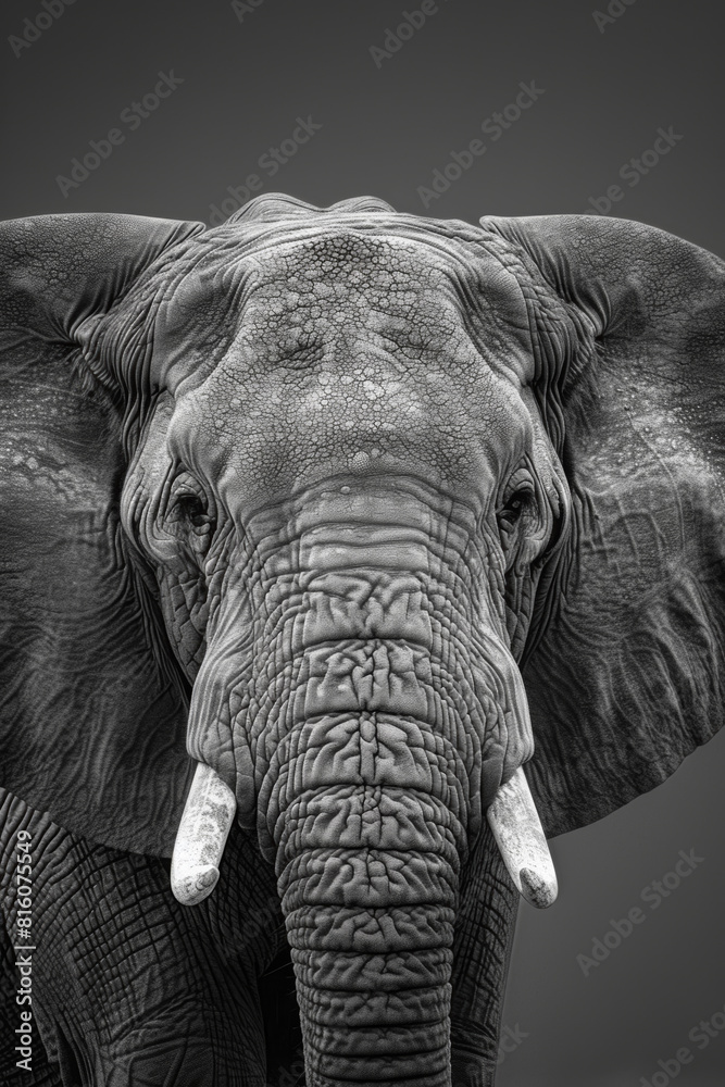 Naklejka premium Black and white portrait of an Elephant. World Elephant Day concept, wildlife conservation campaigns and educational materials.
