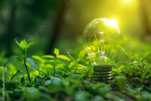 Glowing lightbulb amidst green foliage symbolizes sustainable energy and ideas