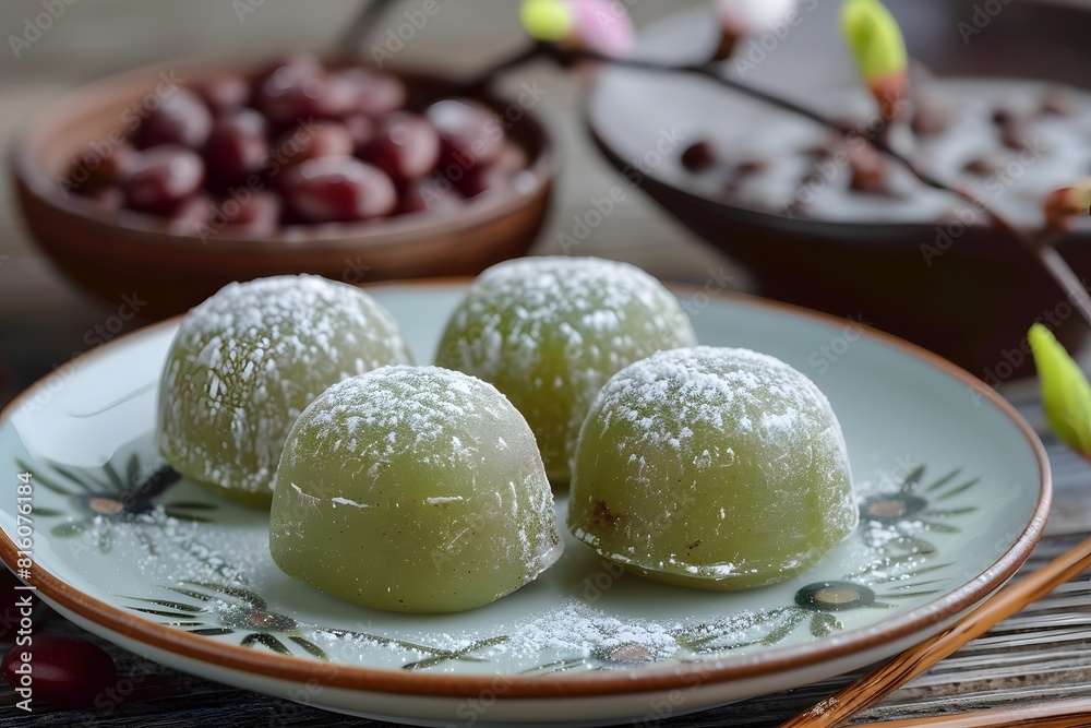 Three food balls on plate with fruit bowl in background