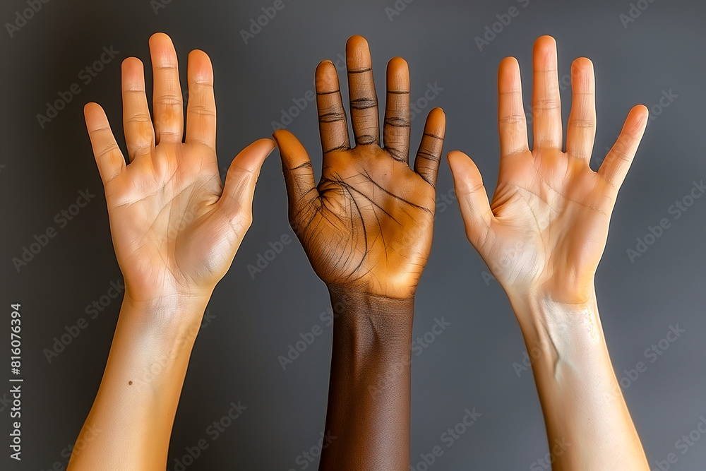 Multi ethnic , multi racial group of hands raised up, diversity concept Multi ethnic , multi racial group of hands raised up, diversity concept