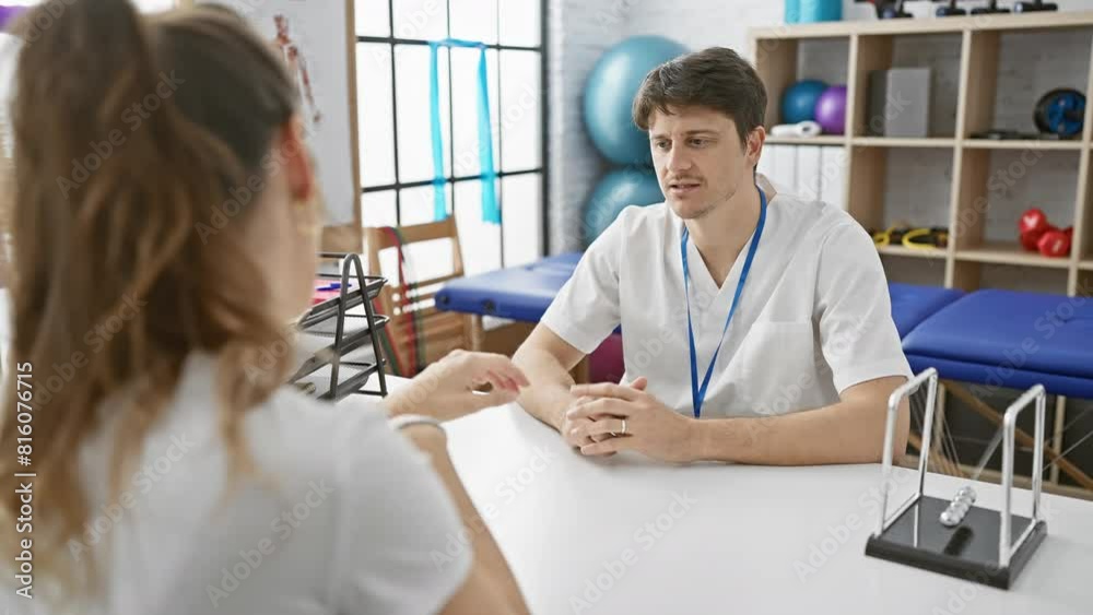 A male physiotherapist consults with a female patient in a well-equipped physiotherapy clinic. A male physiotherapist consults with a female patient in a well-equipped physiotherapy clinic.