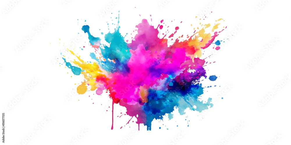 Bright colorful watercolor splash splatter stain brush strokes on white background. Modern vibrant aquarelle spot. Rainbow trendy isolated design on white. Element. Vector watercolor illustration.	