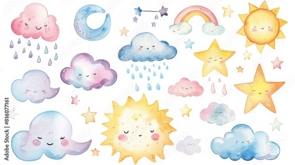 Set of cute watercolor clouds and suns with a smiling moon, weather concept Set of cute watercolor clouds and suns with a smiling moon, weather concept