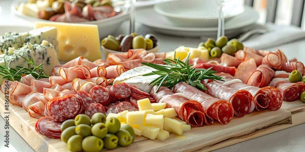 Festive charcuterie board with meats and cheeses on a dinner table. Concept Charcuterie Board, Festive Display, Meats and Cheeses, Table Setting, Dinner Décor Festive charcuterie board with meats and cheeses on a dinner table. Concept Charcuterie Board, Festive Display, Meats and Cheeses, Table Setting, Dinner Décor