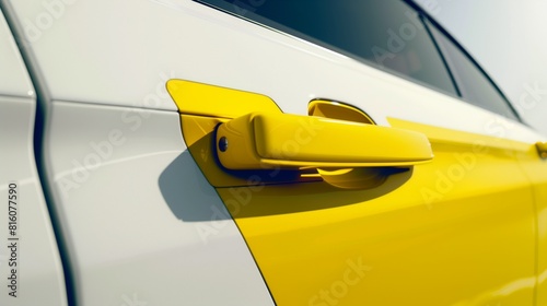Bright yellow car door handle against a stark white setting - vehicle exterior and access detail
