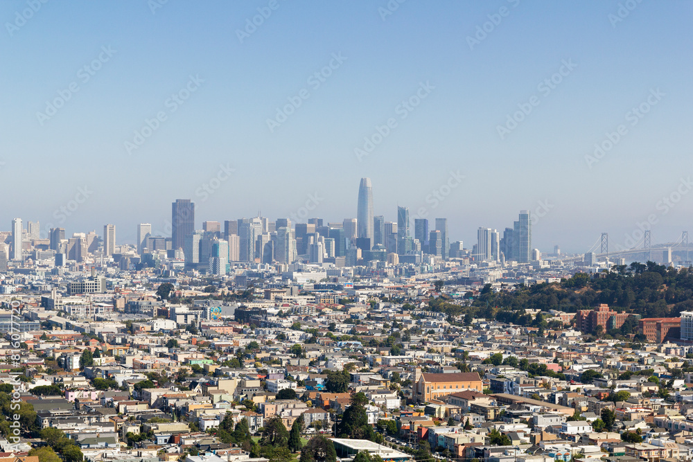 the iconic and breathtaking cityscape panoramic view from above a hill at bernal heights in san Francisco after to sunrise, California