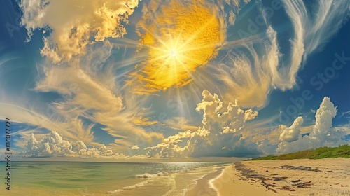 Bright Yellow Cirrus Clouds Forming an Image of a Smiling Sun Over a Quiet Beach
