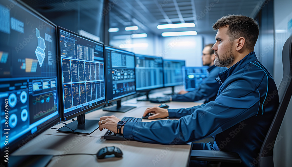 Fototapeta premium a shot of an IT specialist adjusting network settings on a screen while monitoring security alerts on other monitors, Technology, IT specialist, cybersecurity, Teamwork,