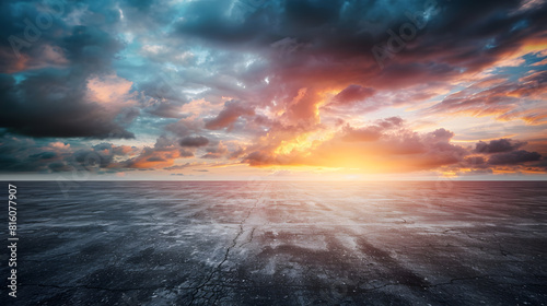 Dark Concrete Floor Background with Dramatic Sky Clouds and Sunset Horizon : Generative AI