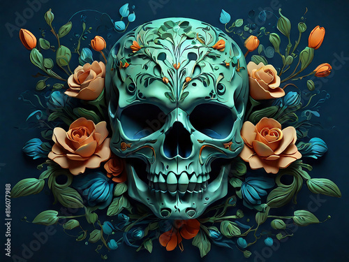 Skull design in a tattoo style with fish and flowers in green and blue on a dark background Generative AI