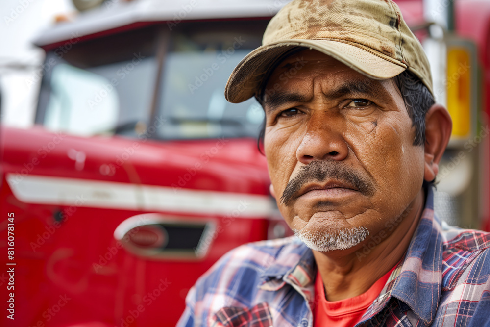 Fototapeta premium Portrait of Hispanic male truck driver standing in front of his truck