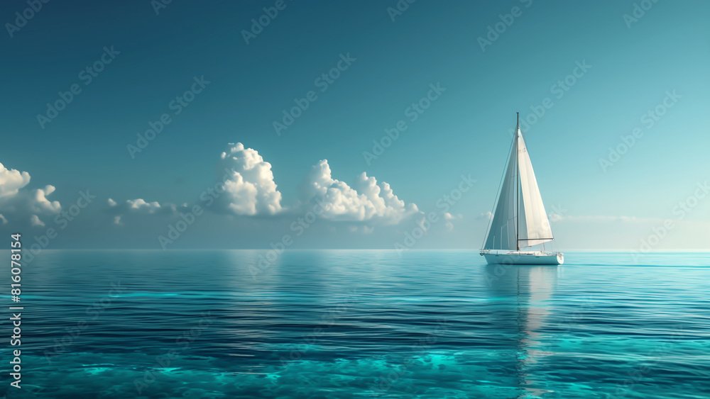 Obraz premium A lone elegant sailboat sails on a turquoise sea