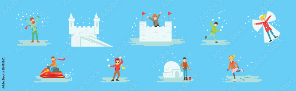 People Character as Winter Holiday Having Fun Outdoors Vector Set