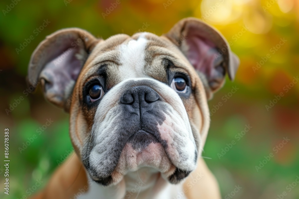 Close-up of a cute bulldog puppy with expressive eyes against a colorful blurred background Close-up of a cute bulldog puppy with expressive eyes against a colorful blurred background