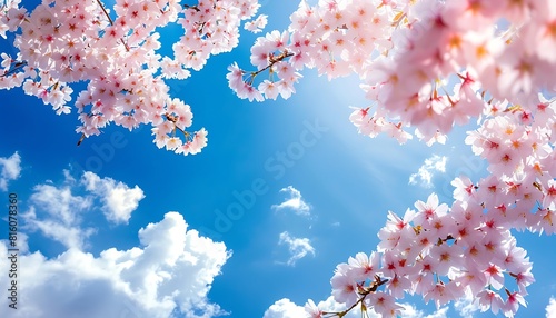 A blue sky with white clouds, cherry blossoms in full bloom on the left side of the screen, photographed from below, capturing the beauty and serenity of nature's springtime display
