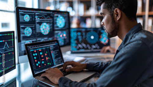 a shot of an IT specialist intensely focused on a laptop displaying machine learning algorithms, with additional screens showing data visualizations and graphs, Technolog