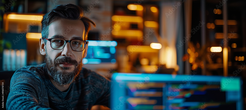 a focused shot on the programmer's face, with the background slightly blurred to emphasize the modern and cozy office environment, programmer, IT specialist, cozy home, office, min a focused shot on the programmer's face, with the background slightly blurred to emphasize the modern and cozy office environment, programmer, IT specialist, cozy home, office, min