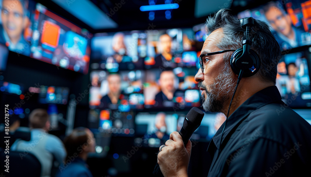 a close-up shot of an IT specialist speaking into a microphone, with the video conference displayed on multiple screens in the background, Meeting, Teamwork, Business, Video Confer a close-up shot of an IT specialist speaking into a microphone, with the video conference displayed on multiple screens in the background, Meeting, Teamwork, Business, Video Confer