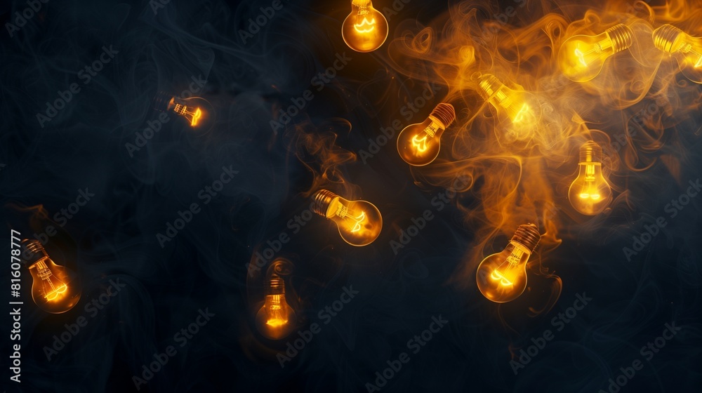 Fototapeta premium Glowing Yellow Light Bulbs on a Dark, Smoky Black Background, Ideas in Darkness