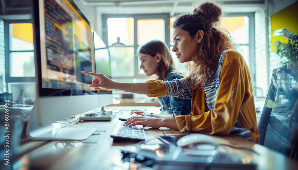 a side view of two female programmers working on a project together, one typing on a keyboard and the other pointing at the screen, Technology, Women, Computer Programmer, Teamwork a side view of two female programmers working on a project together, one typing on a keyboard and the other pointing at the screen, Technology, Women, Computer Programmer, Teamwork